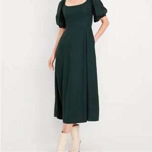 Old Navy Dark Green Midi Dress with Puff Sleeves
